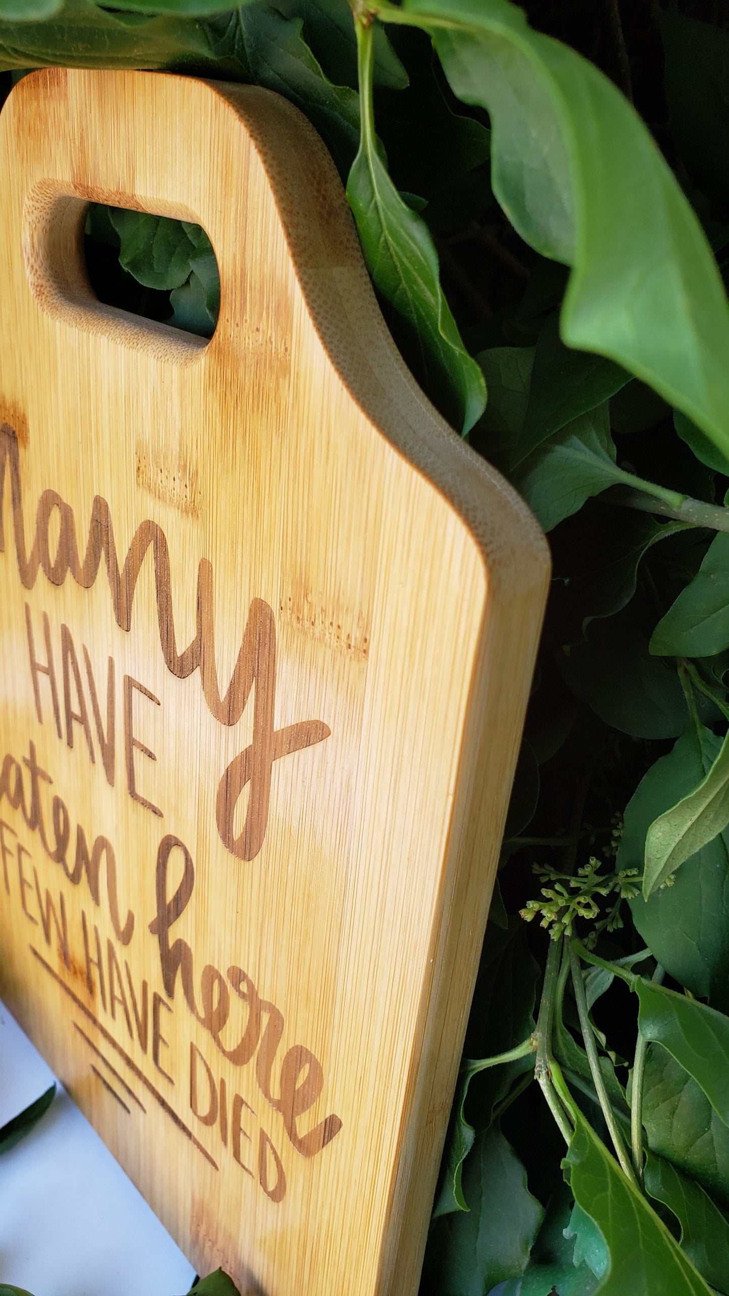 Cutting Board - 12 x 9 Bamboo with Handle - Many have eaten here few have died