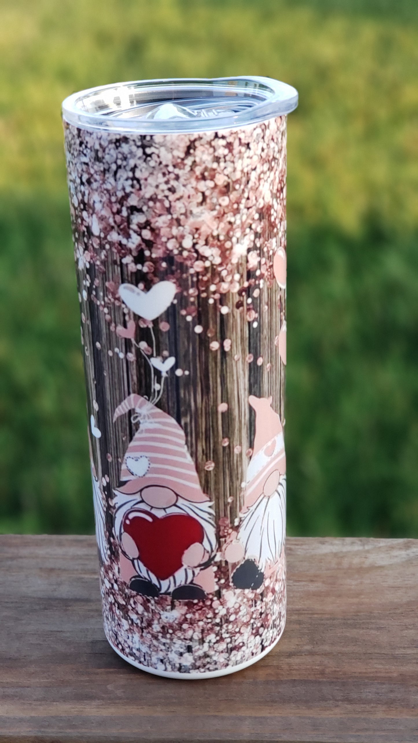 Tumbler - Gnomes - Pink Hearts Brown Background