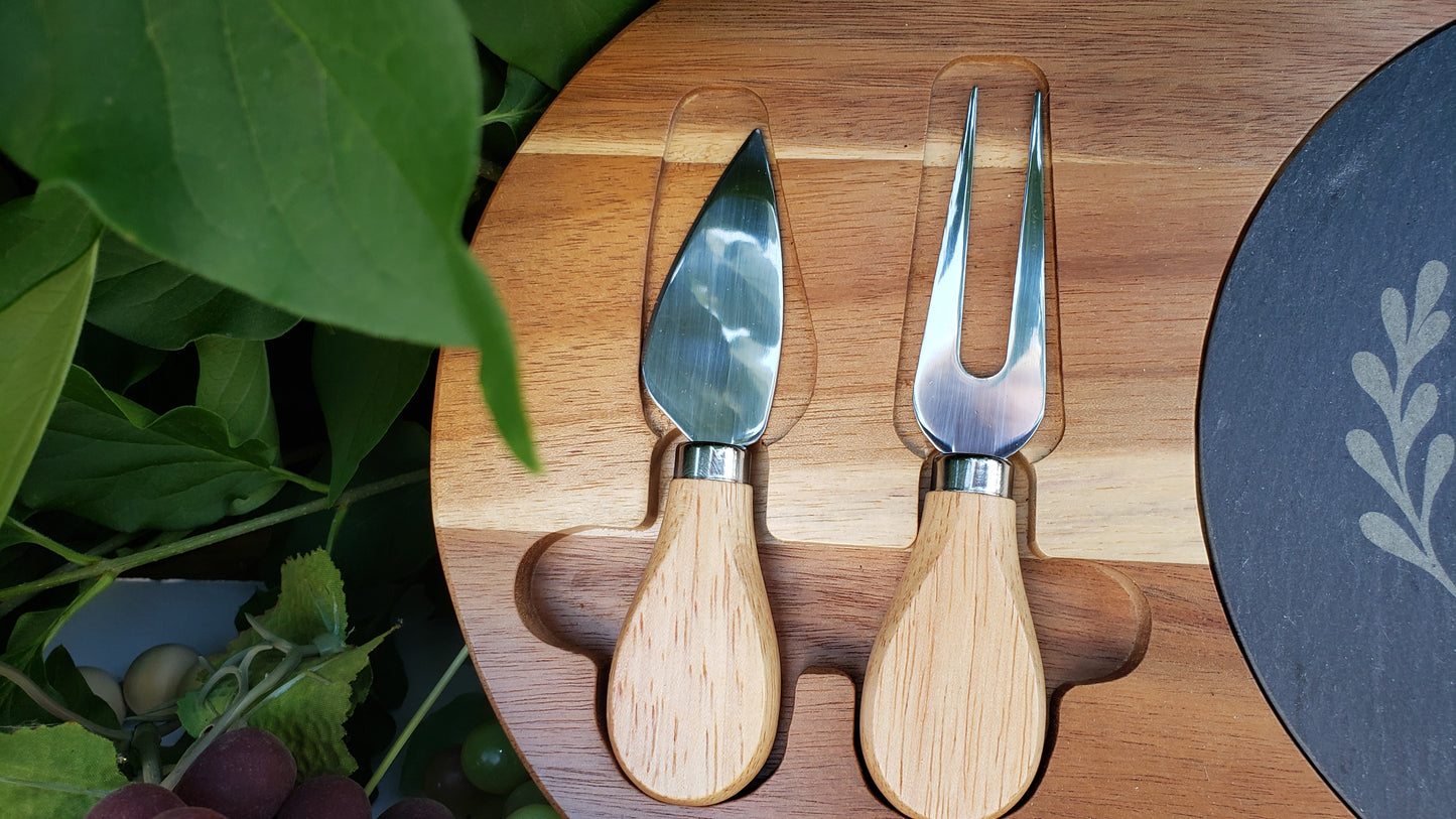 charcuterie cheese meat board cutting board set fork knife acacia family oval quality trivet pot holder