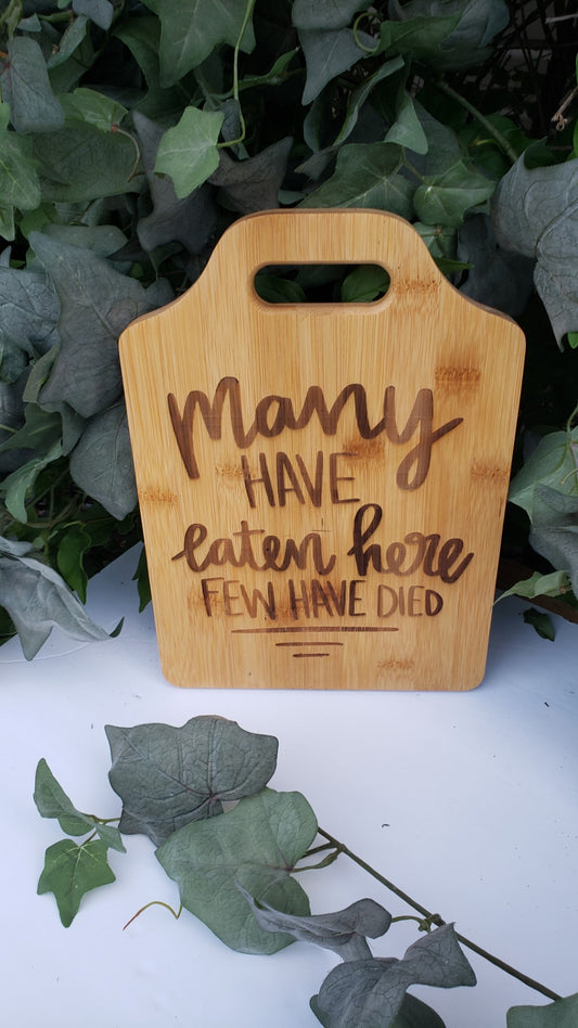 Cutting Board - 12 x 9 Bamboo with Handle - Many have eaten here few have died